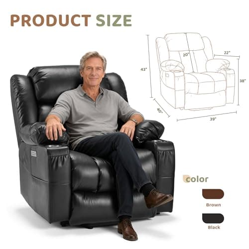 Osumlee Large Power Lift Recliner Chair with Massage and Heat for Elderly, Oversized Heavy Duty Faux Leather Recliner, USB & Type-C Ports, 2 Cup Holders (Black) - Thumbnail 2