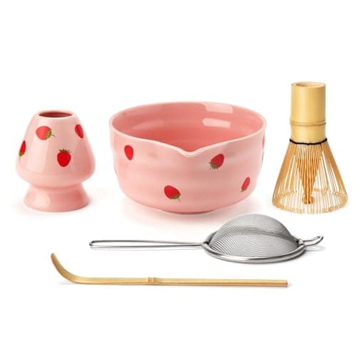 Joiish Strawberry Matcha Whisk Set, Cute Strawberry Pattern Matcha Kit, 5-PC Complete Ceremony Tea Set Gift for Women | Ceramic Bowl with Spout, Bamboo Whisk, Holder, Sifter, Scoop | Pink - Image 1