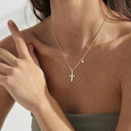 LADYGD Cross Necklace for Women, 14K Gold Plated Baguette Cubic Zirconia Removable Pendant Adjustable Dainty Jewelry White - Thumbnail 2