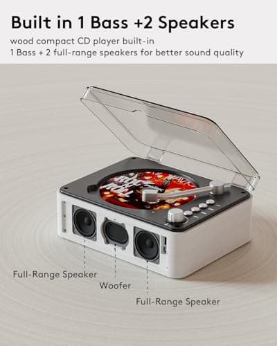 CARONSORT CD Player with Bluetooth Transmitter, Nostalgic Retro Wood Music Player, Built-in Speakers-Bass Boost, FM Radio for Home/Wired&Remote Control-White - Thumbnail 2