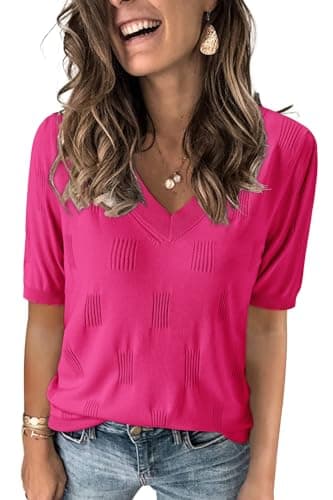 Arach&Cloz Women's Summer Fall Tops 2025 Short Sleeve Plus Size Sweaters V Neck Trendy Fashion Knit Clothes Dressy Cute Casual Outfits Business Work Blouse Hot Pink M - Image 1