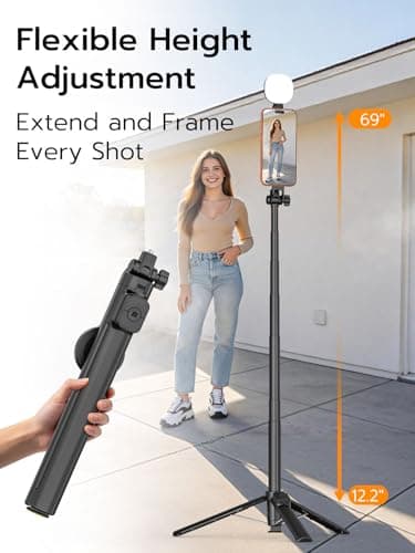 USKEYVISION Magnetic Tripod for iPhone & Android with Light,69” Extendable Selfie Stick for Magsafe,Auto-Open Phone Stand w/Magnetic Selfie Light,Remote,Vlogging Kit for Video Recording(MPT-04) - Thumbnail 6