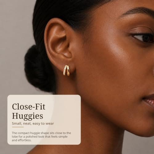 Small Gold Huggie Hoop Earrings for Women, Cubic Zirconia Double Hoops - Thumbnail 4