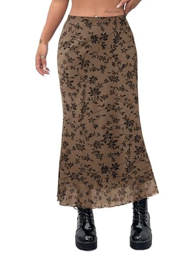 Avanova Women Floral Bohemian Mesh Midi Skirt High Waisted Mermaid Bodycon Long Skirts Brown Floral C X-Large - Image 1