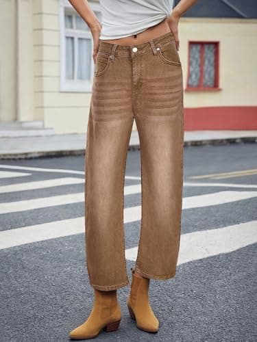 PEIHOT Mid Waist Barrel Womens Jeans Trendy Boyfriend Stretchy Loose Cropped Denim Pants with Pockets Brown - Thumbnail 5