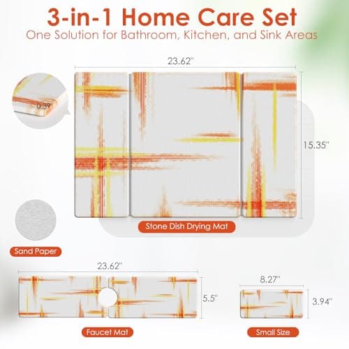 3-Piece Stone Dish Drying Mat Set for Kitchen Counter -24"x16" Large Absorbent Diatomaceous Earth Mat for Countertop, Stone Faucet Mat & Soap Tray- Quick Dry, Non-Slip - Thumbnail 6