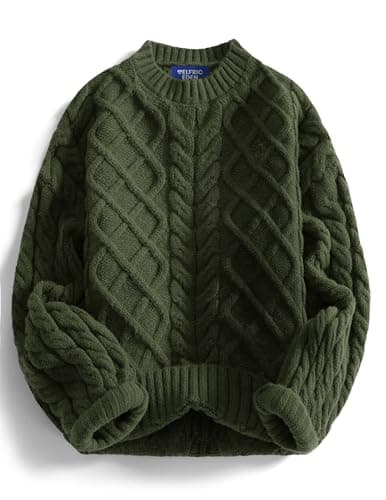 Aelfric Eden Womens Oversized Sweaters 2025 Cable Knit Chunky Sweater Lantern Sleeve Crewneck Pullover Loose Outfits Green Large