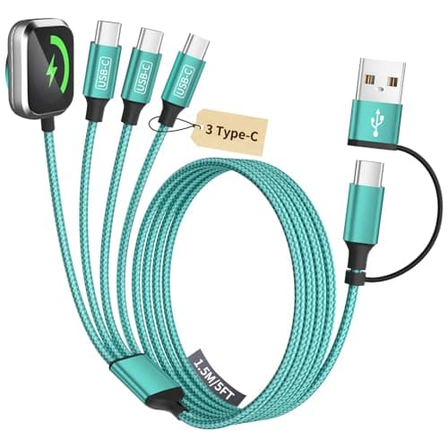Travel Cruise Essentials 3 Type-C Ports 4 in 2 Multi Charging Cable for iWatch Charger/ iPhone17, USB C Splitter USBA/USBC Cable for iWatch Ultra/SE/11-2, iPhone17-15/S26/Car Charger, More, 5FT Green - Image 1