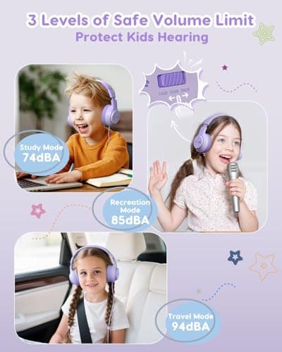 awatrue Kids Headphones, 74/85/94dB Volume Limiter, Foldable Wired Over Ear Headphones for Travel, 3.5mm Jack, Toddler Headphones for School, Chromebook, iPad, Tablet, Purple - Thumbnail 2