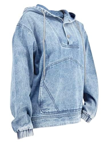 STOLKISS Women Denim Hoodies Casual Button Down pullover Long Sleeve Jean Tops Jacket Trendy Cropped Sweatshirt with Pockets - Thumbnail 4