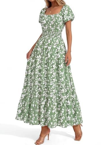 BTFBM Summer Dress for Women 2026 Spring Floral Short Sleeve Casual Flowy A-Line Smocked Tiered Maxi Dresses Pockets(Floral Green White, Medium) - Thumbnail 5