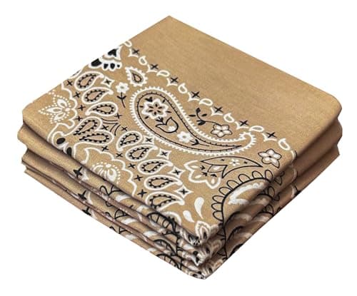 Tan Bandanas - 3 Pack Gift Set, 100% Cotton, 22x22 Inches, Paisley - Beige Handkerchief Khaki Headband Scarf