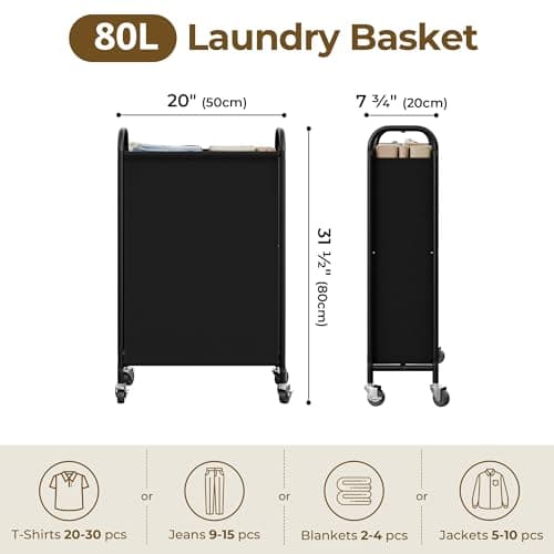 GRANNY SAYS 80L Slim Laundry Hamper with Wheels, Fabric Rolling Laundry Basket, Narrow Clothes Organizer, Tall Hamper for Closet, Laundry Room, Bathroom, Black - Thumbnail 2