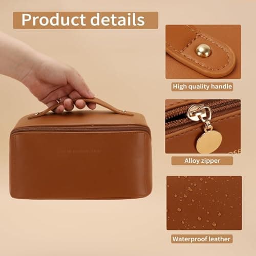 LSLCQW Makeup Bag, Portable Cosmetic Bag, Large Capacity Travel Makeup Case Organizer, Black For Women Toiletry Bag for Girls Traveling With Handle and Divider (Brown) - Thumbnail 6