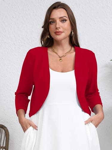 AusLook Plus Size Women Bolero Shrugs 3/4 Sleeve Red 3X Open Front Knit Lightweight Coat Cropped Tops Shawls and Wraps Cardigan Dressy Sweater Clothes - Thumbnail 4