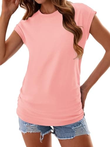 GKBK Womens Summer Cotton Tops Ruched Cap Short Sleeve Tshirts Crew Neck Shirts Fashion Coral XXL - Thumbnail 5