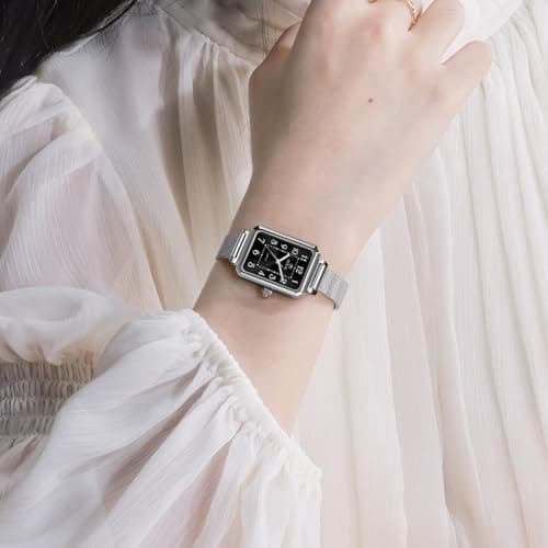 Taxuax Dress Watches for Women Square Watch Womens Black Dial Small Face Women's Waterproof Watch Mesh Watches Large Number Rectangle Hand Ladies Watch for Minimalist reloj Elegante para Mujer - Thumbnail 3