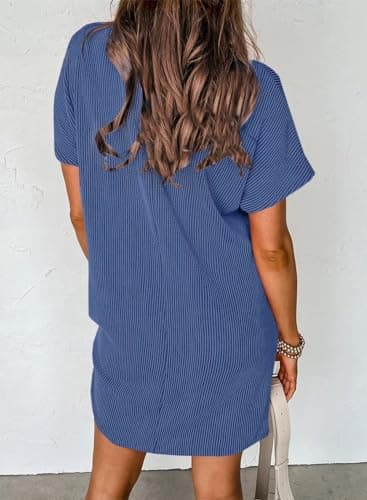 Acelitt Womens Casual Summer Dress 2026 Fashion Crewneck Short Sleeve Trendy Loose Vacation Beach Ribbed Shift Shirt Mini Dresses Blue Large - Thumbnail 4