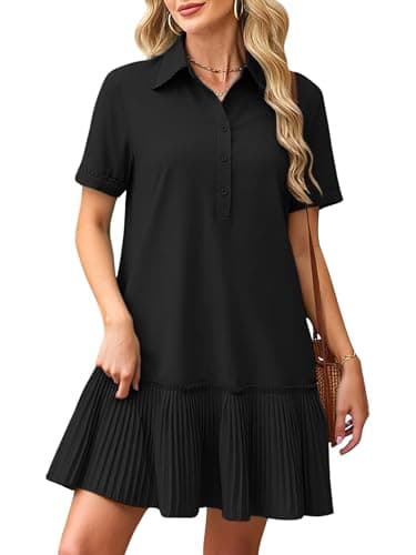 ECOWISH Women Summer Shirt Dress- V Neck Short Sleeve Casual Shift Dresses Button Down Mini Dresses with Pocket Black S - Image 1