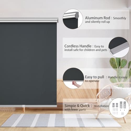 Changshade 100% Blackout Roller Shades for Windows，Room Darkening Thermal Insulated Pull Down Window Blinds, Cordless Free-Stop Shade，Easy Install UV Protection Door Blind for Home,Black,21"W x 72"H - Thumbnail 6