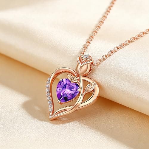 JACUPO Heart Birthstone Rose Gold Necklace for Women(Rose Gold-02-Amethyst) - Thumbnail 6