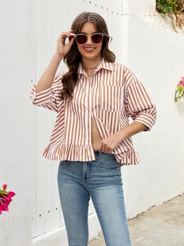 Womens Cropped Striped Shirts Button Down Half Sleeve Ruffle Bottom V Neck Casual Summer Blouse Tops Khaki XL - Thumbnail 2