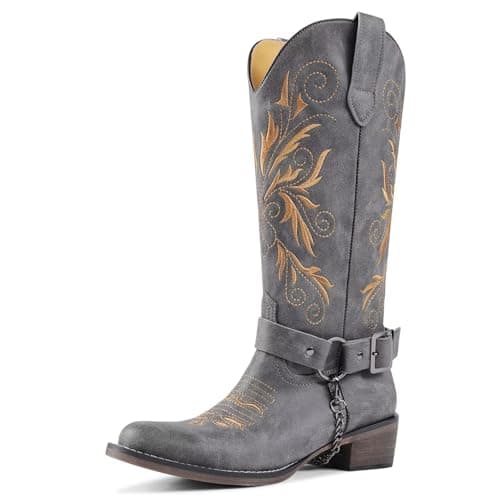 GPXGPX Cowboy Boots Embroidered Cowgirl Boots Women Mid Calf, With Removable Belt Low Block Heel Round Toe Western Boots Gray 11 - Image 1