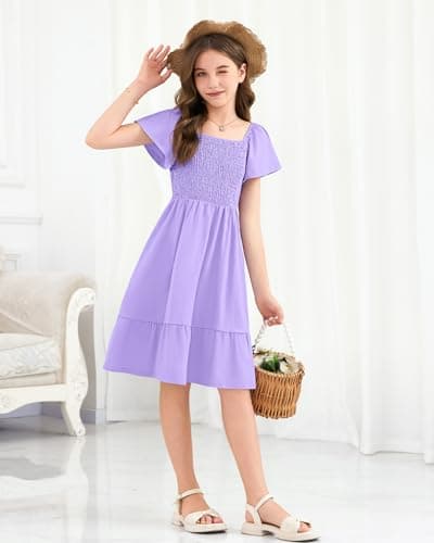 Tween Girl's Summer Short Sleeve Loose Dress Casual Spring Floral Square Neck Midi Dresses 2026 Light Purple 9-10 Years - Thumbnail 3