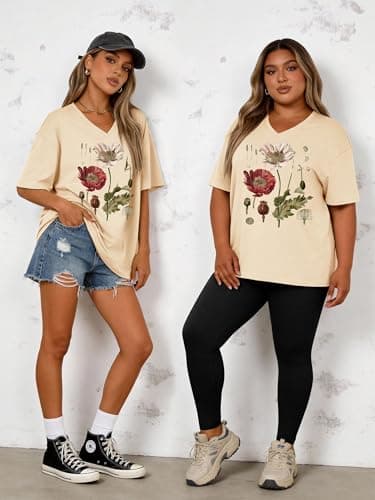 Anbech Oversized Tshirts for Women Summer Flowers V Neck Graphic Vintage Tees Short Sleeve Casual Loose Woens Basic Tops,Apricot Flower,Medium - Thumbnail 3