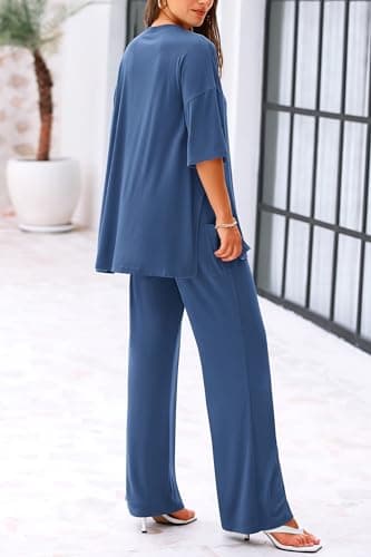 KIRUNDO 2 Piece Lounge Sets for Women Airport Travel Vacation Outfits Summer Casual Loose Short Sleeve Tops & Wide Leg Pants(Blue, Small) - Thumbnail 2