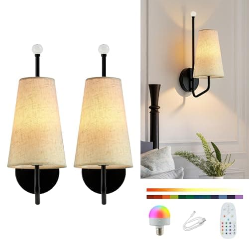 MHSNL Battery Operated Wall Sconces,Rechargeable Wall Lights Set of 2 with 12 Colors Remote Dimmable Cordless Battery Sconce Indoor Wall Lamps for Bedroom Living Room Bedside Hallway Stairs Black - Image 1