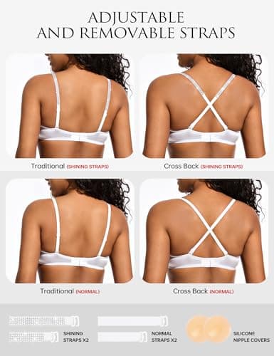 Wingslove Women's Front Closure Underwire Bra Sexy Plunge Mesh Unlined Satin Lace Bra with Removable Shining Straps (White,32DD) - Thumbnail 4