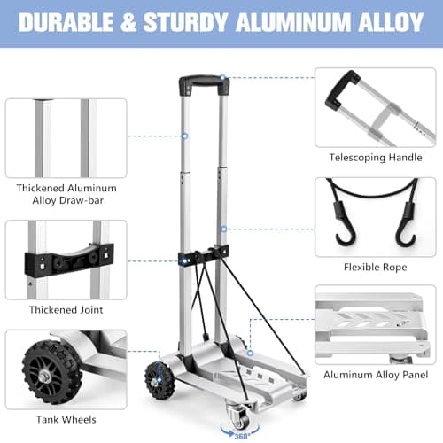 KEDSUM 270LBS Utility Luggage Cart with 4 Wheels, 100% Aluminum Hand Truck Dolly, Folding Hand Truck with Advanced Tank Wheels, Portable Dolly Cart for Luggage, Travel, Shopping, Office Use - Thumbnail 6