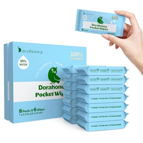Dorahoney Flushable Wipes Travel Size, 99% Water Mini Wet Wipes for Sensitive Skin, Hypoallergenic & Unscented On The Go Pocket Wipes, 96 Count (16 Packs of 6) - Image 1