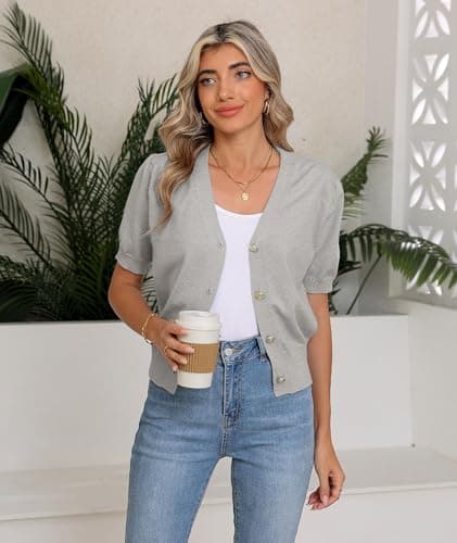 COSSEN Cardigan for Women Trendy Dressy Light Grey Medium V Neck Bolero Crop Coat Crochet Button Down Short Sleeve Short Tops Open Front Lightweight Jacket Summer Knit Cropped Shrug for Dress - Thumbnail 5