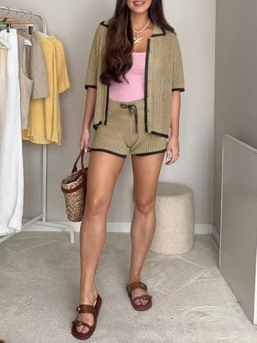 Cicy Bell Womens 2 Piece Short Sets Summer Short Sleeve Collared Tops Beach Vacation Cover Up Crochet Knit Lounge Outfits - Thumbnail 5