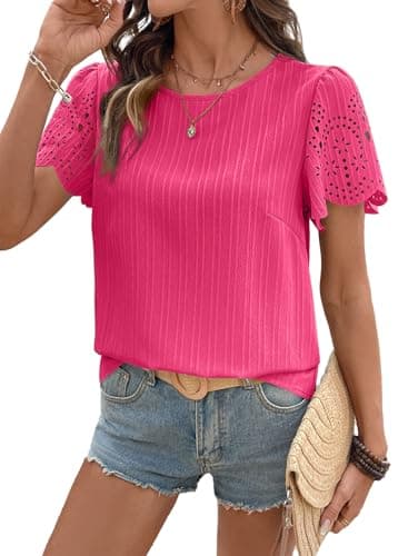 SHEWIN Womens Blouses Crew Neck Short Sleeve Shirts for Women Lightweight Hollow Out Texture Womens Tops Pullover Summer Tops for Women,(US 4-6) S,Rose Pink - Image 1