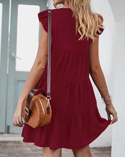 KIRUNDO Wedding Guest Dresses for Women Short Summer Sleeveless Ruffle Sleeve Round Neck Loose Short Flowy Pleated Tiered Mini Dress(Wine Red, Large) - Thumbnail 5