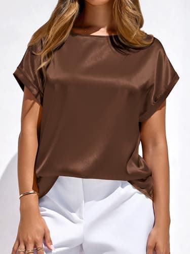 BTFBM Summer Tops for Women 2026 Dressy Satin Blouses Loose Crew Neck Short Sleeve Shirts Work Business Casual Outfits(Chocolate Brown, X-Large) - Thumbnail 2