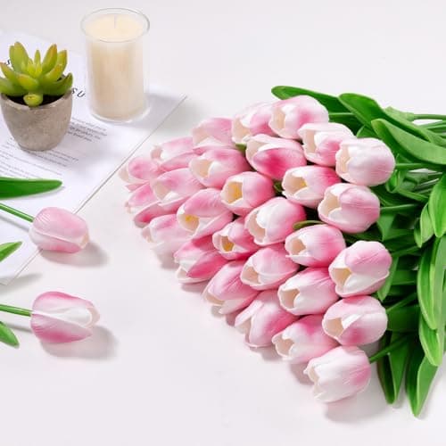 U'Artlines 30Pcs Fake Tulips Artificial Flowers with Stems Faux Tulips Bouquet Real Touch Flower for Wedding Home Kitchen Spring Easter Mother's Day Floral Arrangement Decor (Light Pink) - Thumbnail 6