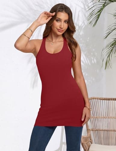 Missclub 3 Pack Shelf Bra Tank Tops for Women Long Racer Back Workout Tank Tops Woman Solid Ribbed Shirts Navy Blue L - Thumbnail 2