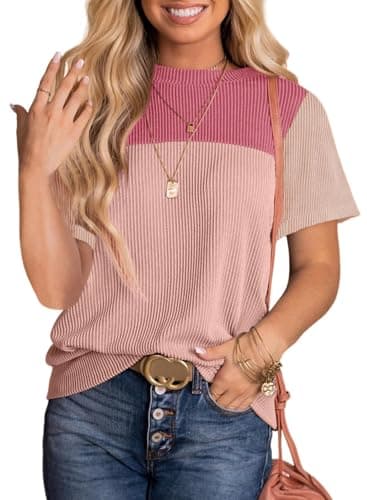 BLENCOT Womens Summer Tops 2025 Colorblock Round Neck Cute Women 2025 Fashion Loose Fit Spring Tops Business Blouses Work t-Shirts Pink Medium - Image 1