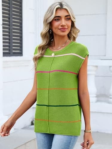 Bellcoco Womens Cap Sleeve Summer Tops Striped Sweater Vest Lightweight Casual Crewneck Loose Knit Pullover Tank Top Beach Vacation Outfits Green XXL - Thumbnail 3