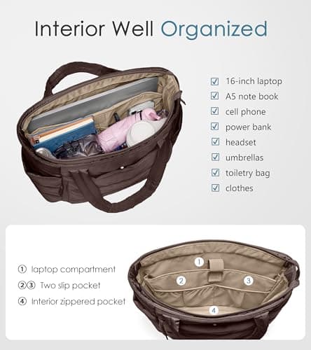 Tote Bag for Women with Zipper, Quilted Puffer Tote Bag with Compartments, Lightweight Puffy Work Bags for Women Travel (Dark Brown) - Thumbnail 4