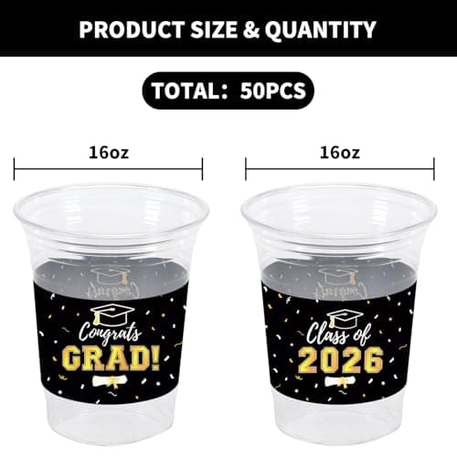 Labrostar 50Pcs Graduation Decorations 2026 Disposable Graduation Cups Congrats Grad Class of 2026 Decorations Graduation Party Supplies 16oz Black - Thumbnail 4