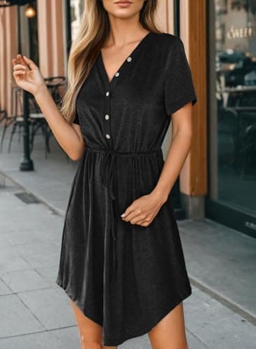 Dokotoo Womens Dresses Spring Summer Resort Wear 2026 Drawstring Waist Cute Babydoll Tunic Dress Casual Short Sleeve Mini Dress Holiday Outfits Sundress Shift Dress Plus Size Black Dresses for Women S - Thumbnail 5