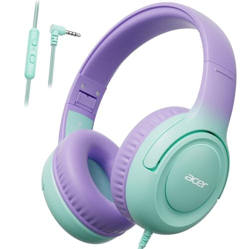 acer Kids Headphones - 85/94dB Volume Limiter, Foldable Wired Over Ear Headphones for Travel, 3.5mm Jack, Toddler Headphones for School, Travel, iPad, Tablet, Purple Green, HK03 - Image 1