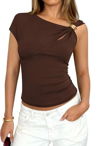 PRETTYGARDEN Womens Summer Tops 2026 One Shoulder Buckle Cut Out Asymmetrical Y2K T-Shirts Knit Spring Going Out Shirts(Brown,Small)