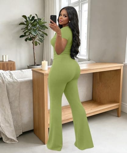ABKY Two Piece Sets For Women Summer Ribbed Short Sleeve V Neck Polo Top Wide Leg Pants Set Casual Tracksuit Brunch Outfits Green S - Thumbnail 4