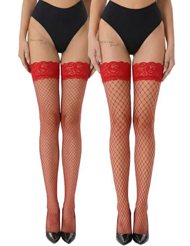 Avidlove Sheer Thigh Highs Stockings for Women Lace Top Fishnet Tights Sexy Lingerie Pantyhose Red 2 Pairs - Thumbnail 2